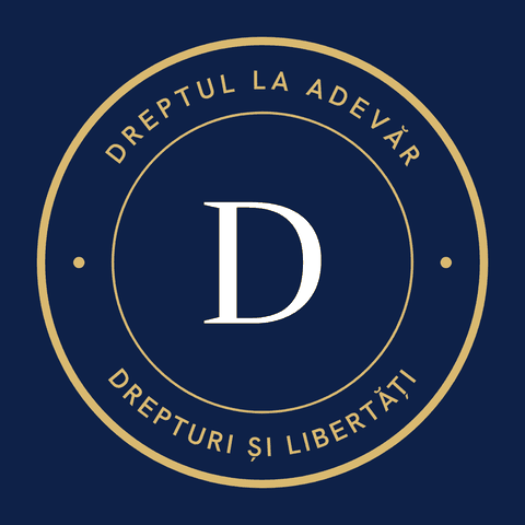 Seal of Dreptul la Adevăr: a white D inside a gold ring, with the words Drepturi și libertăți